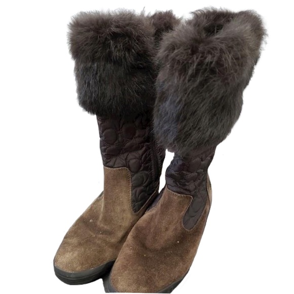 Coach Brown Talen Suede/Nylon/Rabbit Fur Winter Boots, Size 6 - Picture 12 of 13